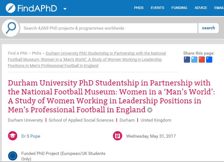 PhD opportunity: Women in a ‘Man’s World’: A Study of Women Working in Leadership Positions in Men’s Professional Football in England